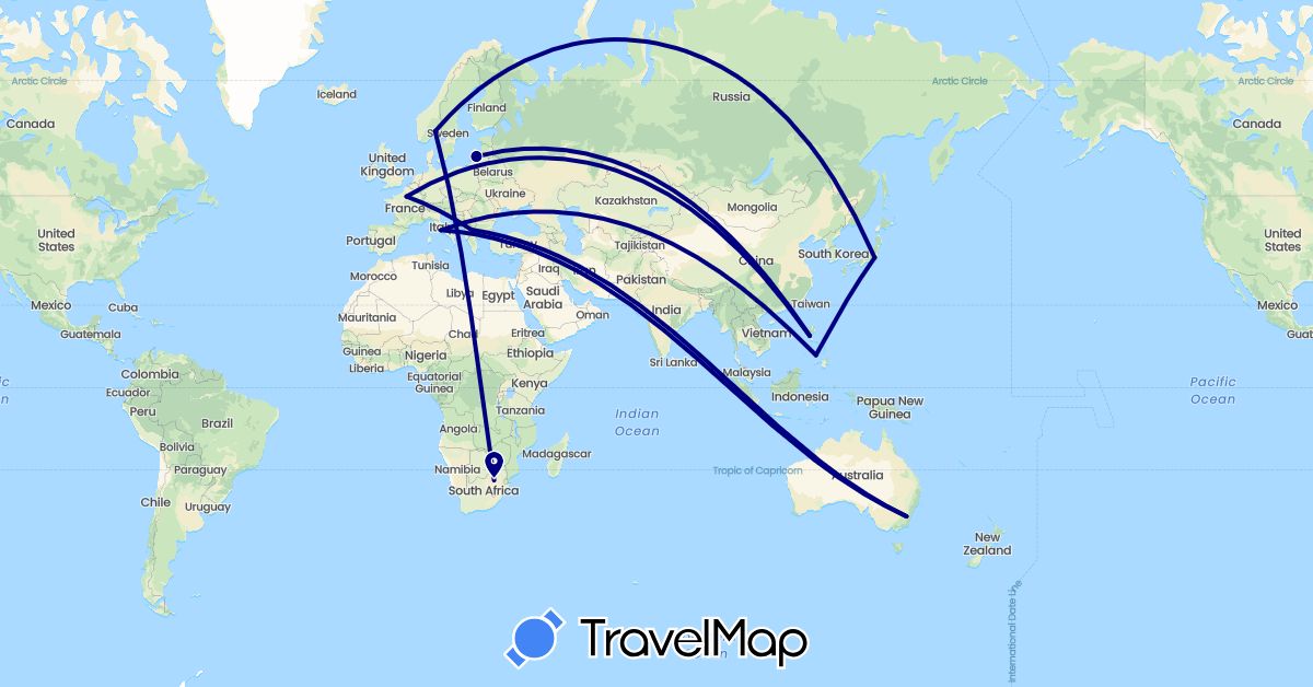 TravelMap itinerary: driving in Australia, France, Italy, Japan, Lithuania, Macedonia, Norway, Philippines, South Africa (Africa, Asia, Europe, Oceania)